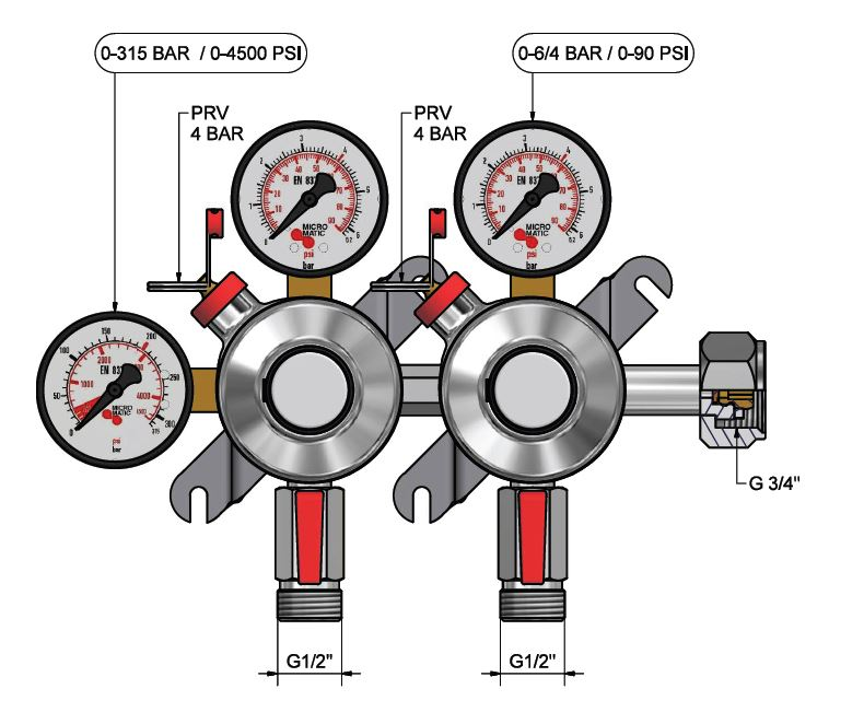 Redukční ventil dvoubaterie na CO2, 791-967, 0-6/4 bar
