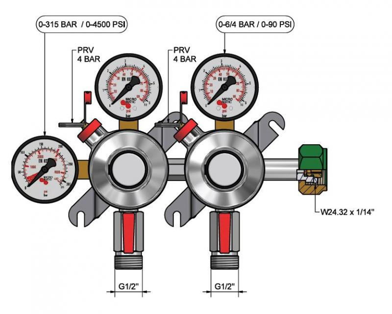 Redukční ventil dvoubaterie na N2, 791-969, 0-6/4 bar